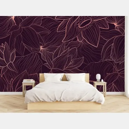 Papier peint motif floral linéaire rose doré sur fond bordeaux – Wallnifity®