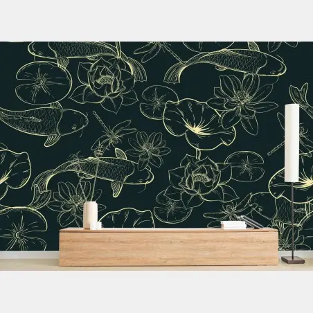 Papier peint motif carpes koi et nénuphars, illustration élégante – Wallnifity®