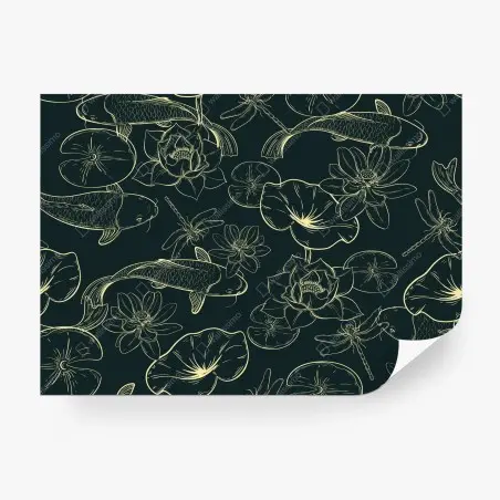 Papier peint motif carpes koi et nénuphars, illustration élégante – Wallnifity®