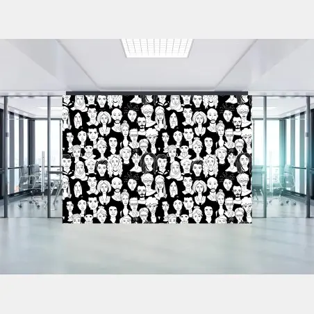 Papier peint foule de visages stylisés en noir et blanc – Wallnifity®