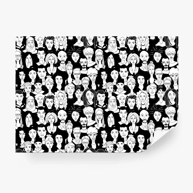 Papier peint foule de visages stylisés en noir et blanc – Wallnifity®