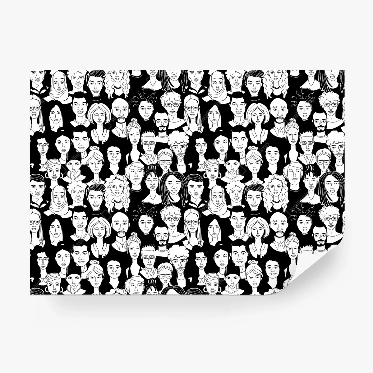 Papier peint foule de visages stylisés en noir et blanc – Wallnifity®
