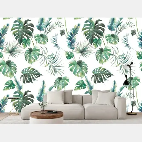 Papier peint motif feuilles tropicales en aquarelle – Wallnifity®