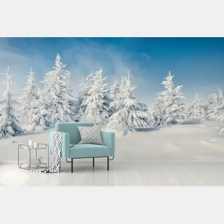 Papier peint panorama hivernal de sapins enneigés – Wallnifity®