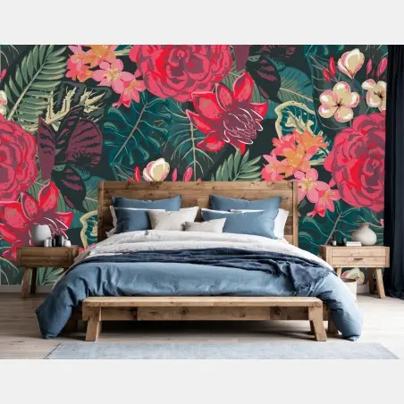 Papier peint parure botanique tropicale aux fleurs rouges – Wallnifity®