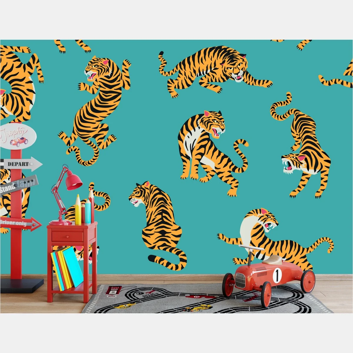 Papier peint motif de tigres stylisés sur fond turquoise – Wallnifity® Papier peint motif de tigres stylisés sur fond turquoise – Wallnifity®