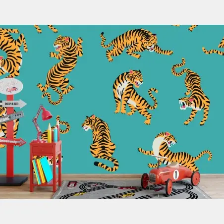 Papier peint motif de tigres stylisés sur fond turquoise – Wallnifity®
