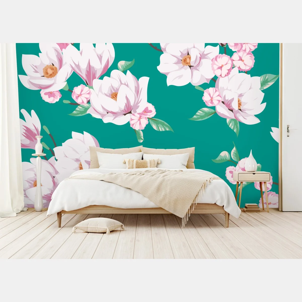 Papier peint fleurs de magnolia sur fond sarcelle – Wallnifity® Papier peint fleurs de magnolia sur fond sarcelle – Wallnifity®
