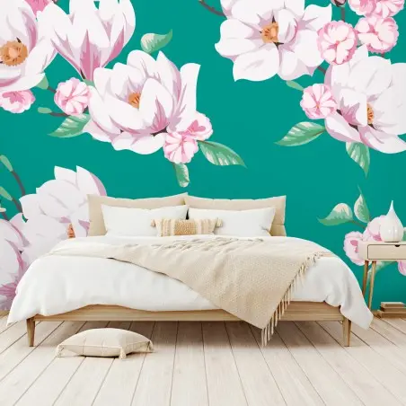 Papier peint fleurs de magnolia sur fond sarcelle – Wallnifity®