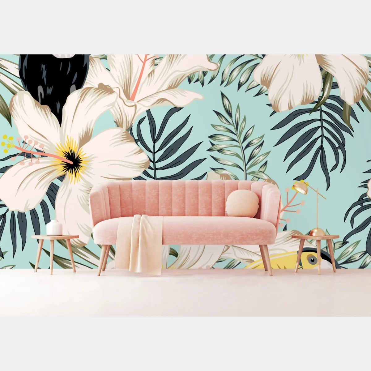 Papier peint motif tropical hibiscus et toucans sur fond menthe – Wallnifity® Papier peint motif tropical hibiscus et toucans sur fond menthe – Wallnifity®