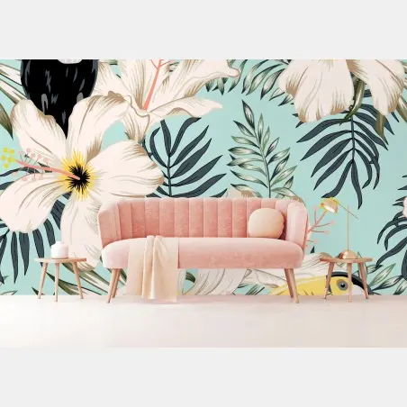 Papier peint motif tropical hibiscus et toucans sur fond menthe – Wallnifity®