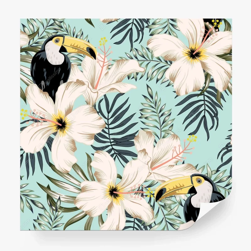Papier peint motif tropical hibiscus et toucans sur fond menthe – Wallnifity® Papier peint motif tropical hibiscus et toucans sur fond menthe – Wallnifity®
