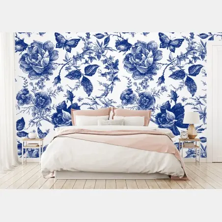 Papier peint motif floral bleu classique et raffiné – Wallnifity®