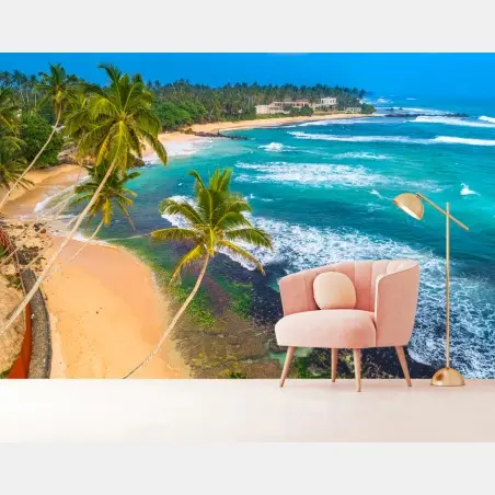 Papier peint paysage côtier tropical avec palmiers – Wallnifity®