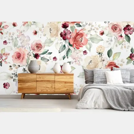 Papier peint motif floral aquarelle aux roses poudrées – Wallnifity®