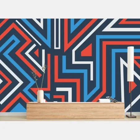 Papier peint motif géométrique dynamique bleu et rouge – Wallnifity®