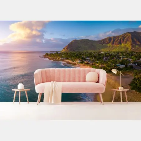 Papier peint panorama côtier tropical au coucher de soleil – Wallnifity®