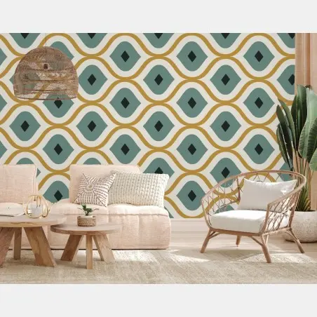 Papier peint motif géométrique élégant en vert et or – Wallnifity®