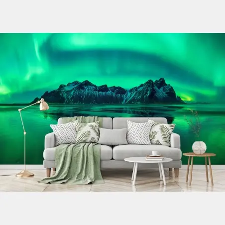 Papier peint aurores au-dessus de Vestrahorn sur la plage noire d'Islande – Wallnifity®