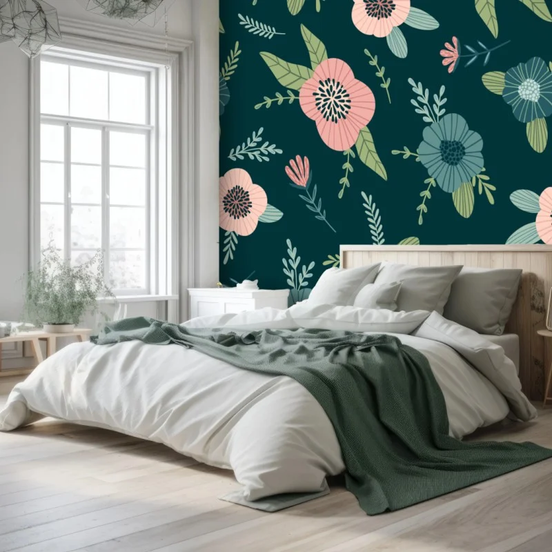 Papier peint motif floral élégant rose et bleu sur fond vert canard – Wallnifity® Papier peint motif floral élégant rose et bleu sur fond vert canard – Wallnifity®