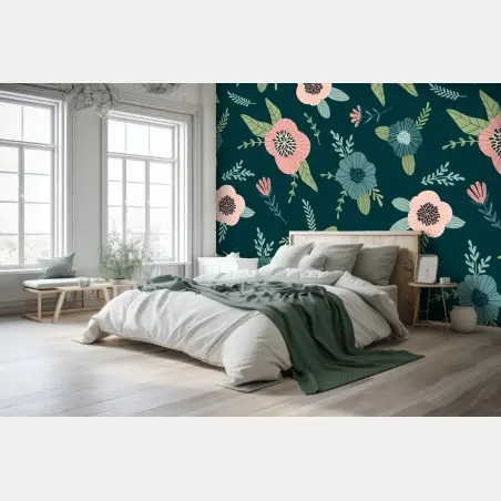 Papier peint motif floral élégant rose et bleu sur fond vert canard – Wallnifity®