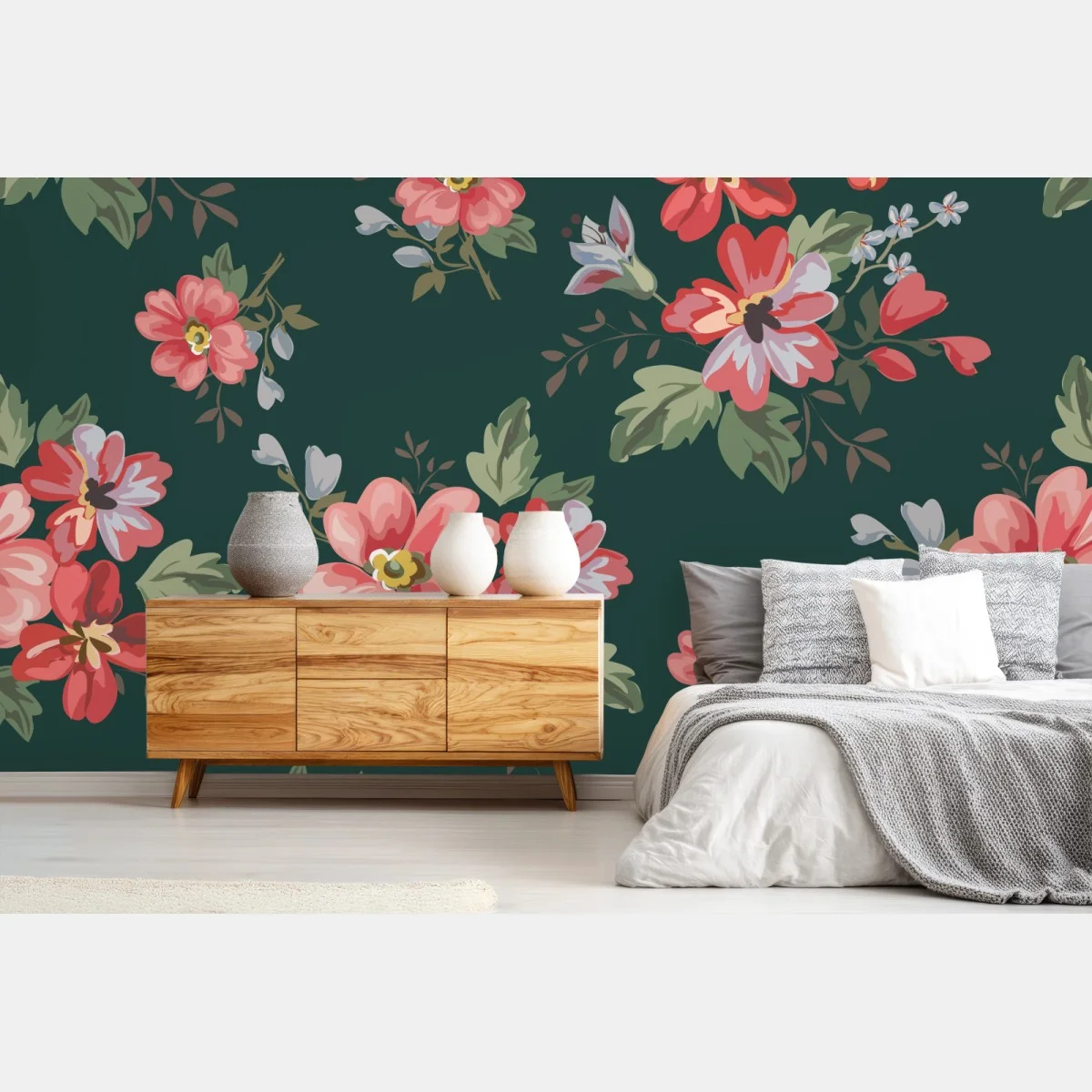 Papier peint motif floral romantique sur fond vert profond – Wallnifity® Papier peint motif floral romantique sur fond vert profond – Wallnifity®