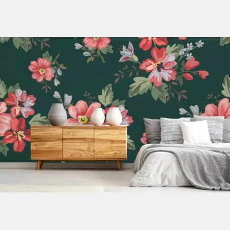Papier peint motif floral romantique sur fond vert profond – Wallnifity®