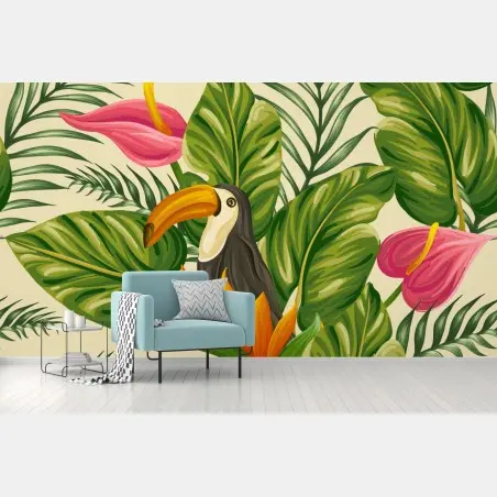 Papier peint motif jungle tropicale au toucan et feuillages – Wallnifity®