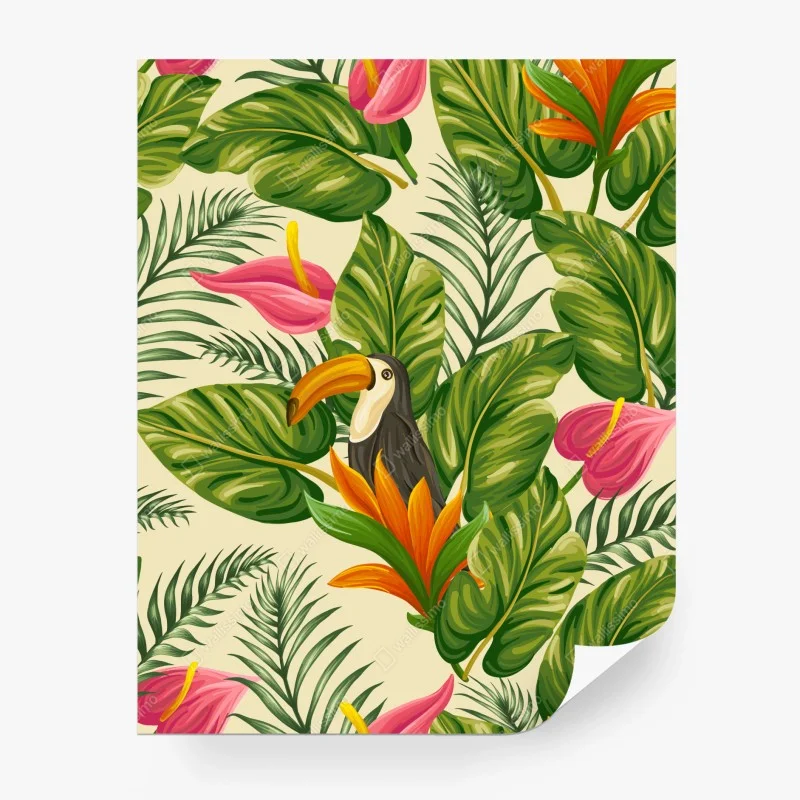 Papier peint motif jungle tropicale au toucan et feuillages – Wallnifity®