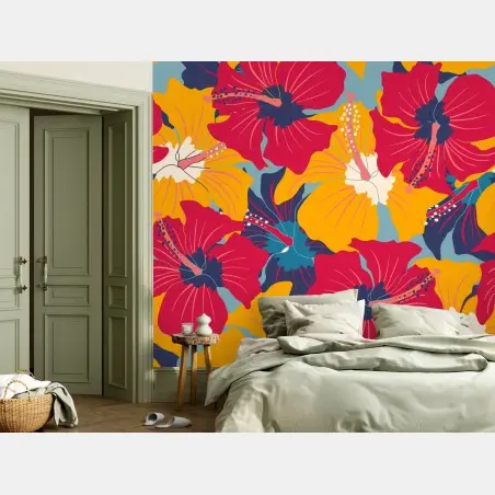 Papier peint paradis tropical aux hibiscus rétro – Wallnifity®