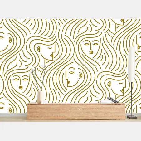 Papier peint motif de visages dorés aux cheveux ondulés – Wallnifity®