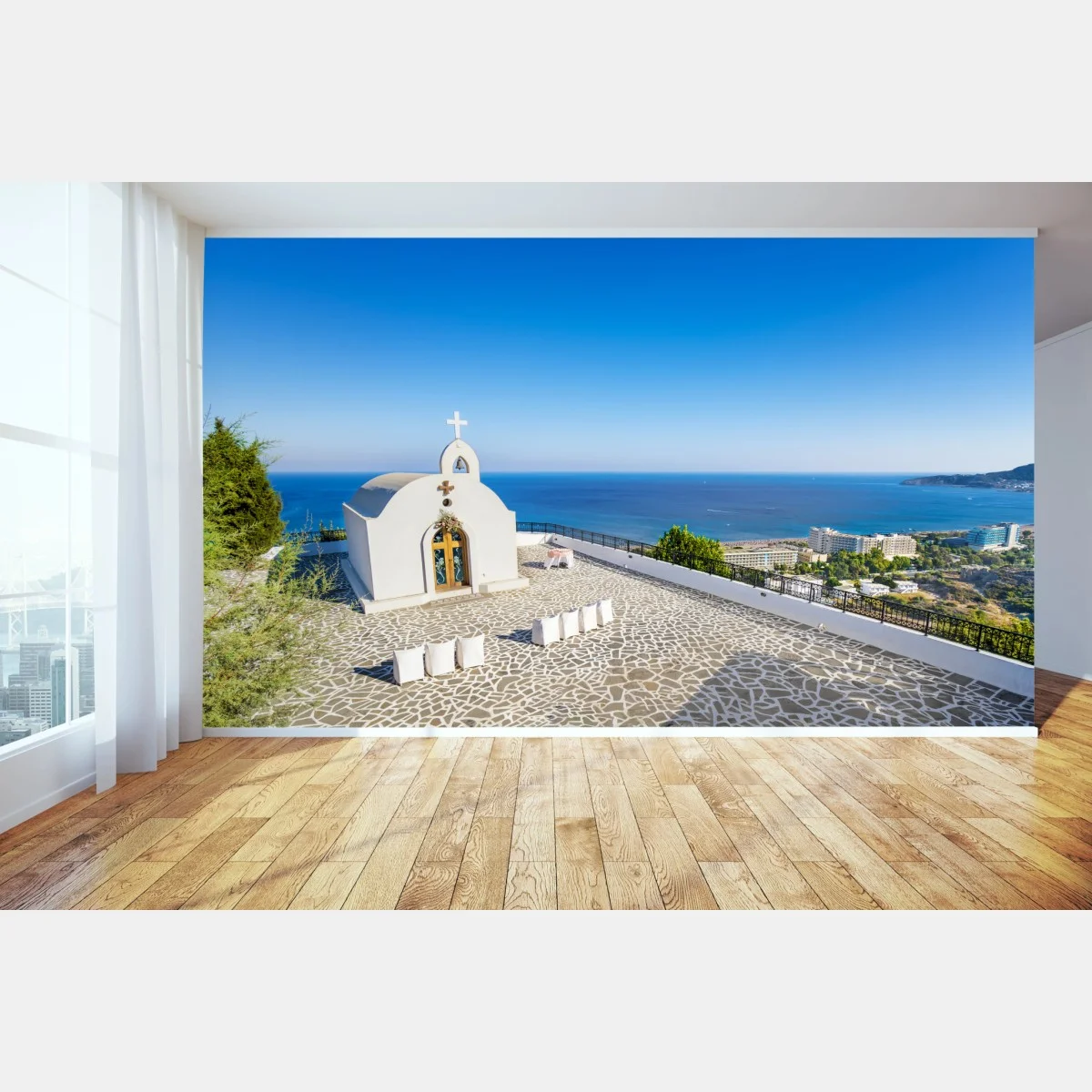 Papier peint chapelle de mariage surplombant la mer à Faliraki – Wallnifity® Papier peint chapelle de mariage surplombant la mer à Faliraki – Wallnifity®