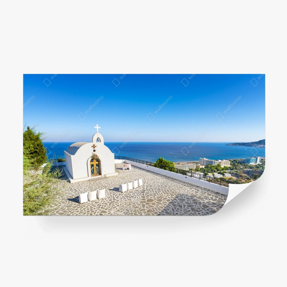 Papier peint chapelle de mariage surplombant la mer à Faliraki – Wallnifity® Papier peint chapelle de mariage surplombant la mer à Faliraki – Wallnifity®