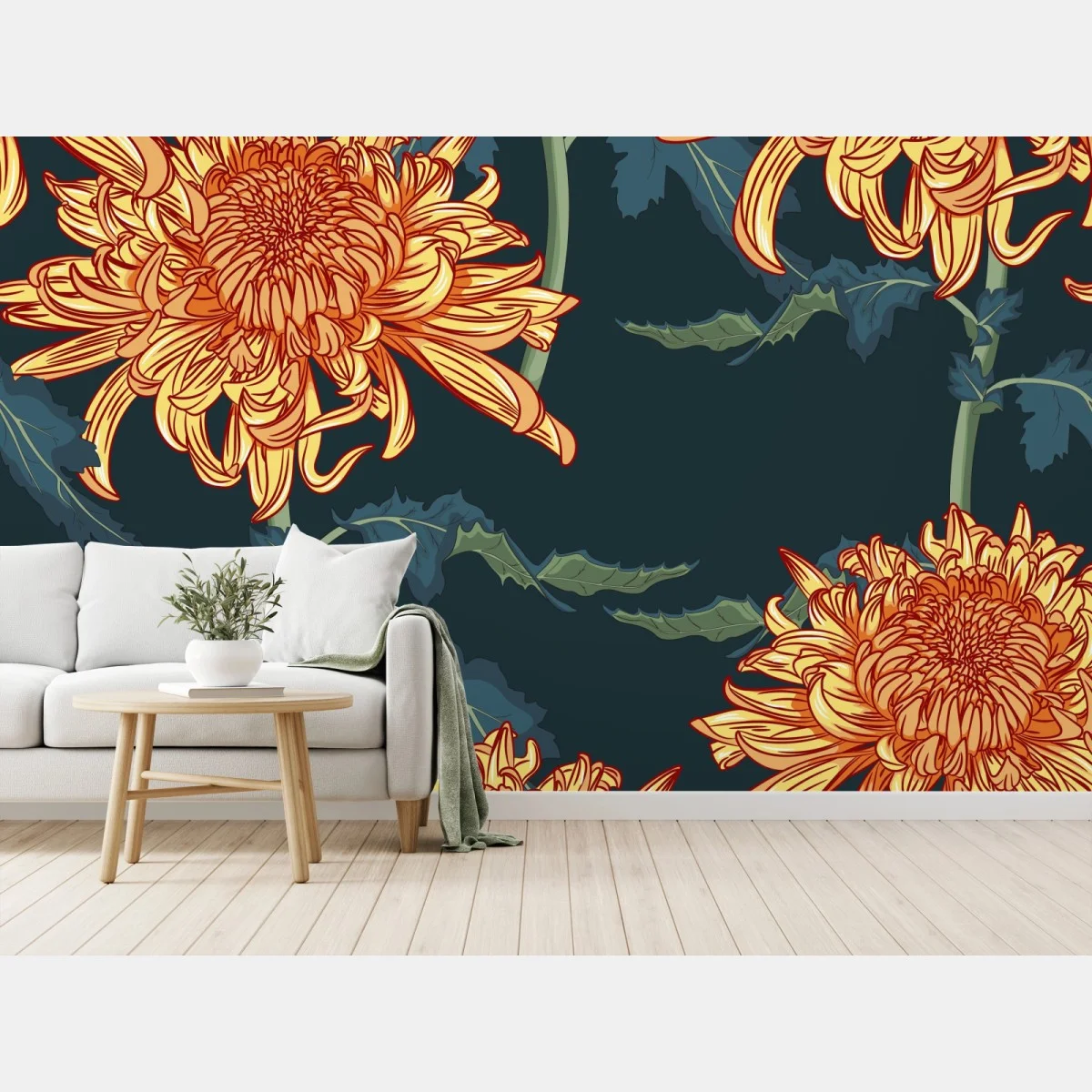 Papier peint fleurs de chrysanthèmes orange sur fond bleu profond – Wallnifity® Papier peint fleurs de chrysanthèmes orange sur fond bleu profond – Wallnifity®