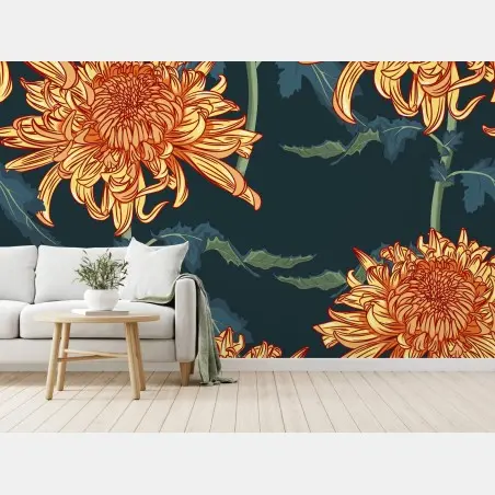 Papier peint fleurs de chrysanthèmes orange sur fond bleu profond – Wallnifity®