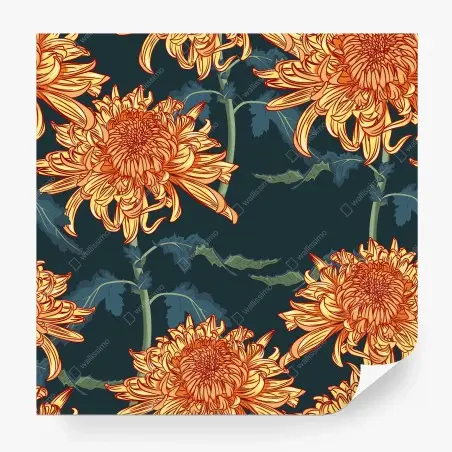 Papier peint fleurs de chrysanthèmes orange sur fond bleu profond – Wallnifity®