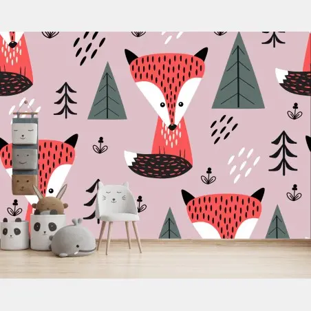 Papier peint motif renard scandinave rose – Wallnifity®