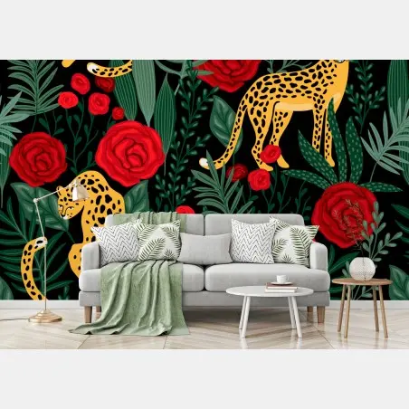 Papier peint léopards et roses motif floral exotique – Wallnifity®