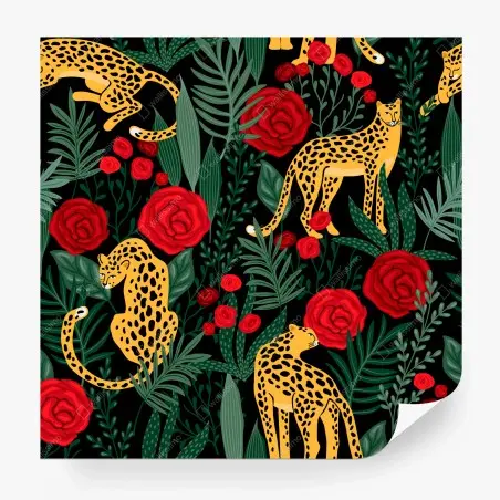 Papier peint léopards et roses motif floral exotique – Wallnifity®