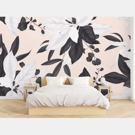 Papier peint motif botanique monochrome sur fond rose – Wallnifity®