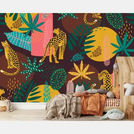Papier peint motif jungle aux léopards colorés – Wallnifity®