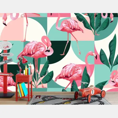 Papier peint flamants roses et feuilles tropicales en motifs géométriques – Wallnifity®