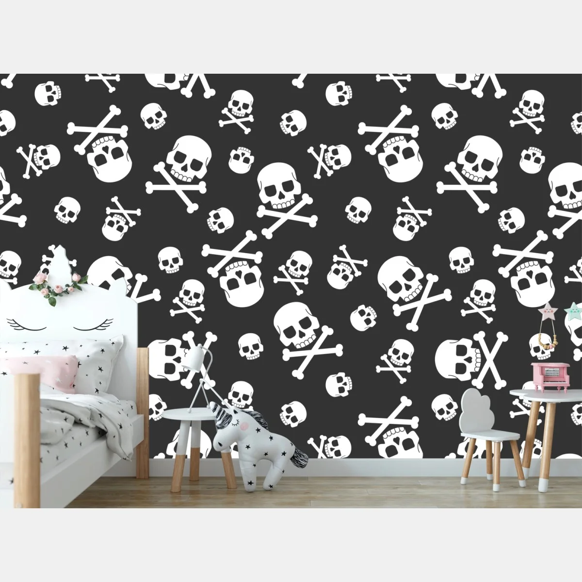 Papier peint motif crânes et os croisés noir et blanc – Wallnifity® Papier peint motif crânes et os croisés noir et blanc – Wallnifity®