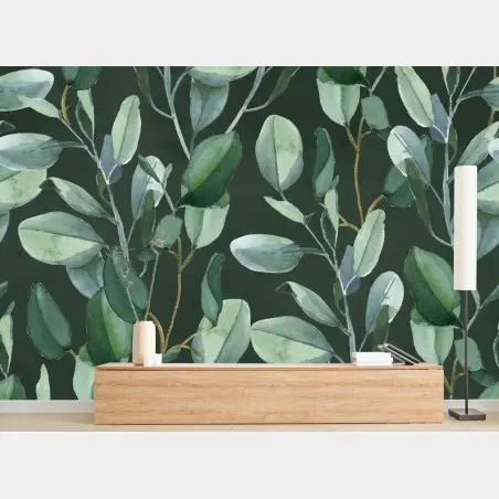 Papier peint feuillage d'eucalyptus aquarelle sur fond vert profond – Wallnifity®