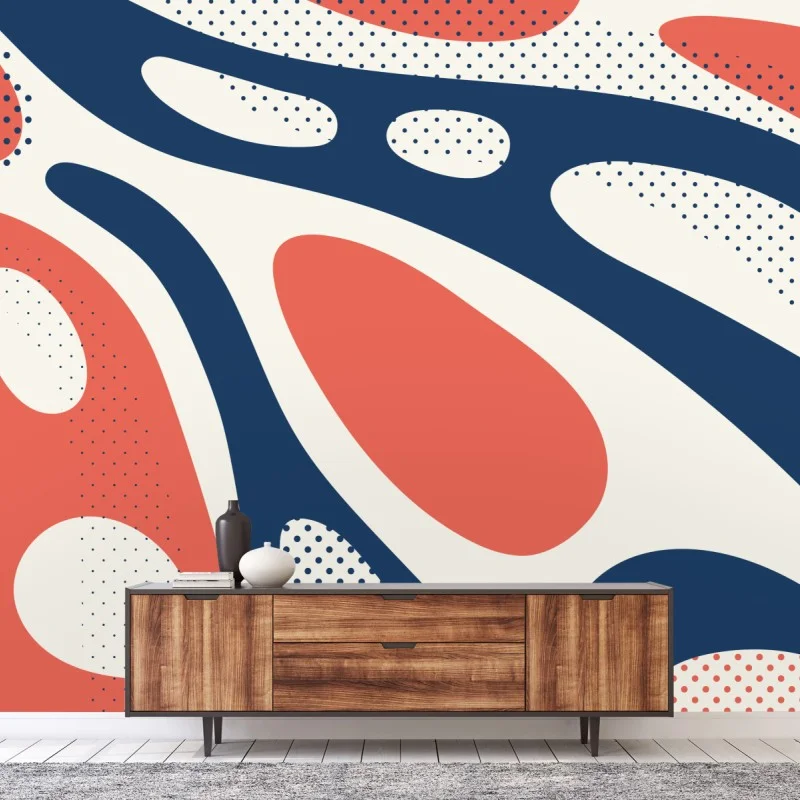 Papier peint composition organique corail et bleu marine