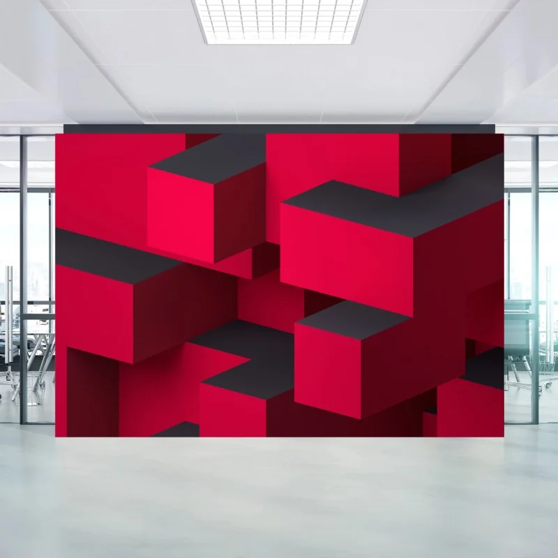 Papier peint composition cubique rouge et noire