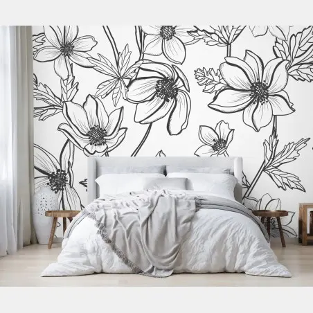Papier peint motif floral délicat en noir et blanc – Wallnifity®