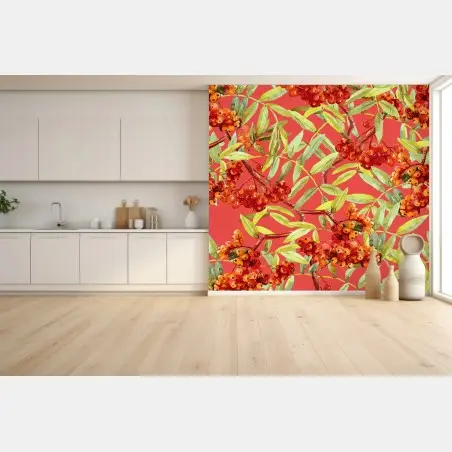 Papier peint motif de sorbier aux baies rouges à l'aquarelle – Wallnifity®