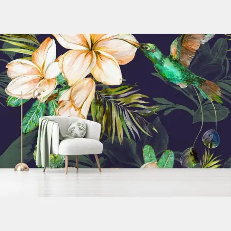 Papier peint jardin tropical aux colibris et frangipaniers sur fond sombre – Wallnifity®