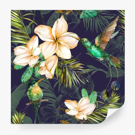 Papier peint jardin tropical aux colibris et frangipaniers sur fond sombre – Wallnifity®